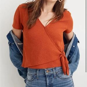 Madewell Red Texture & Thread Wrap Tie Top, size M 100% Cotton